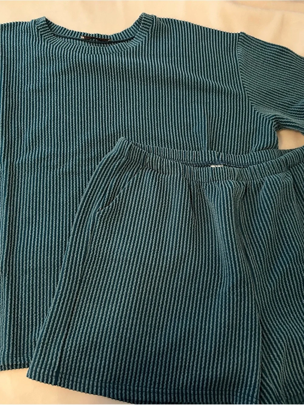 Teal Ribbed Knit Top and Skirt Set